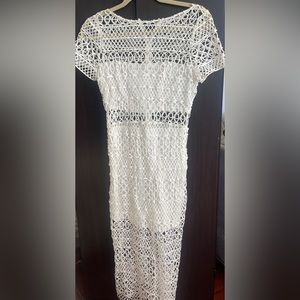 White Cap Sleeve Embroidered Appliqué Midi Dress